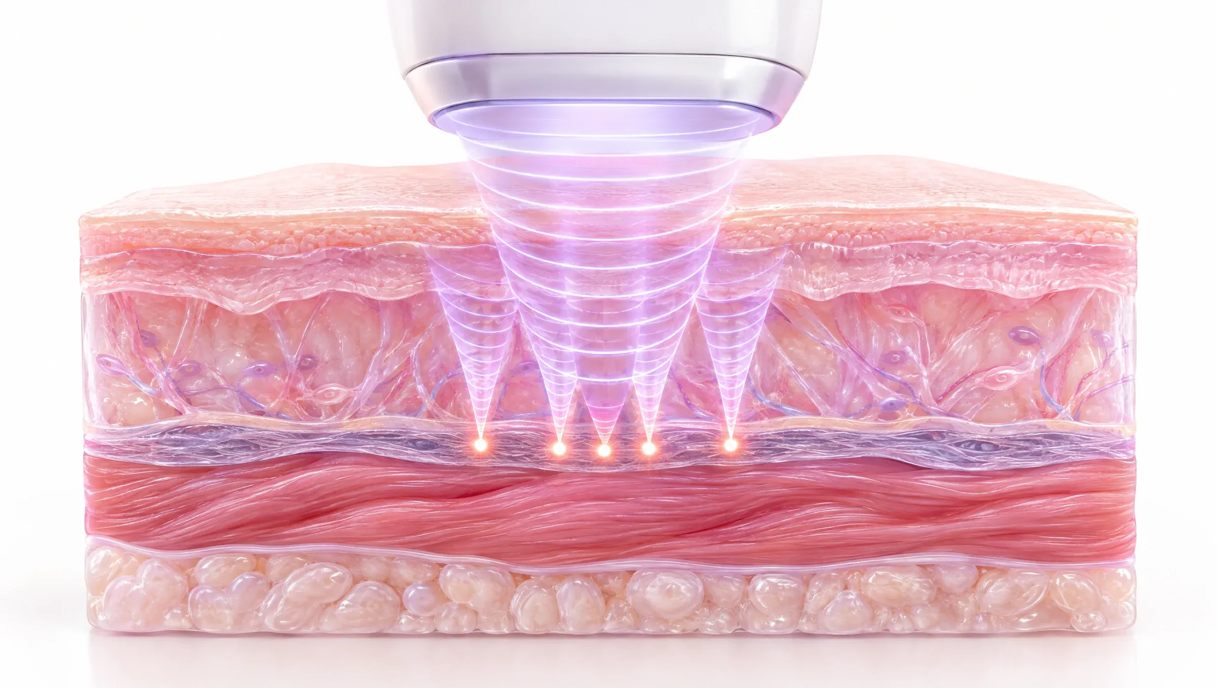 Illustration: focused ultrasound converging into small heated points beneath an unbroken skin surface.